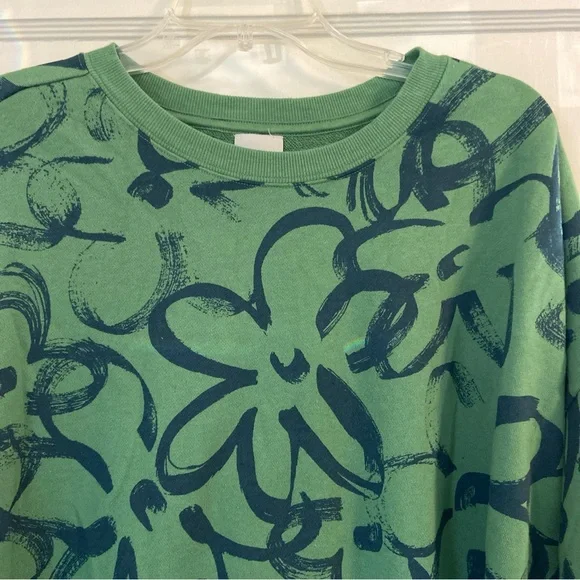 Maeve Sketchy Floral Sweatshirt Women’s 1X Green & Blue Allover Printed Crew - Picture 4 of 8